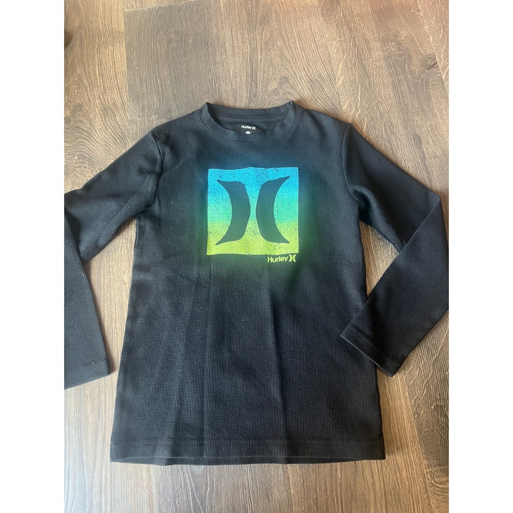 Hurley Boys Black Waffle Knit Thermal Long Sleeve Logo Graphic Shirt Size 10/12